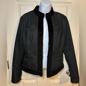 Black denim jacket with faux fur trim by Worth -size 8